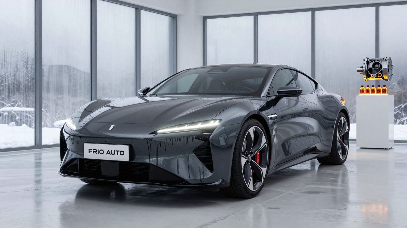 Automóvel eléctrico cinzento brilhante estacionado em piso interior com janelas grandes e neve fora.