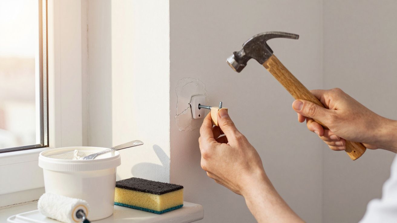 Mãos a pregar um parafuso na parede branca junto a janela, com ferramentas de pintura na janela.