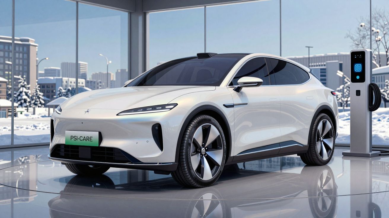 Carro elétrico branco estacionado junto a um posto de carregamento dentro de uma garagem moderna com vista urbana.