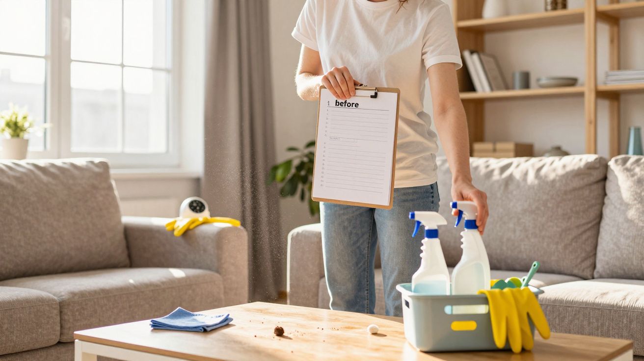 Pessoa com fato casual segura prancheta "before" perto de mesa suja com utensílios de limpeza numa sala iluminada.