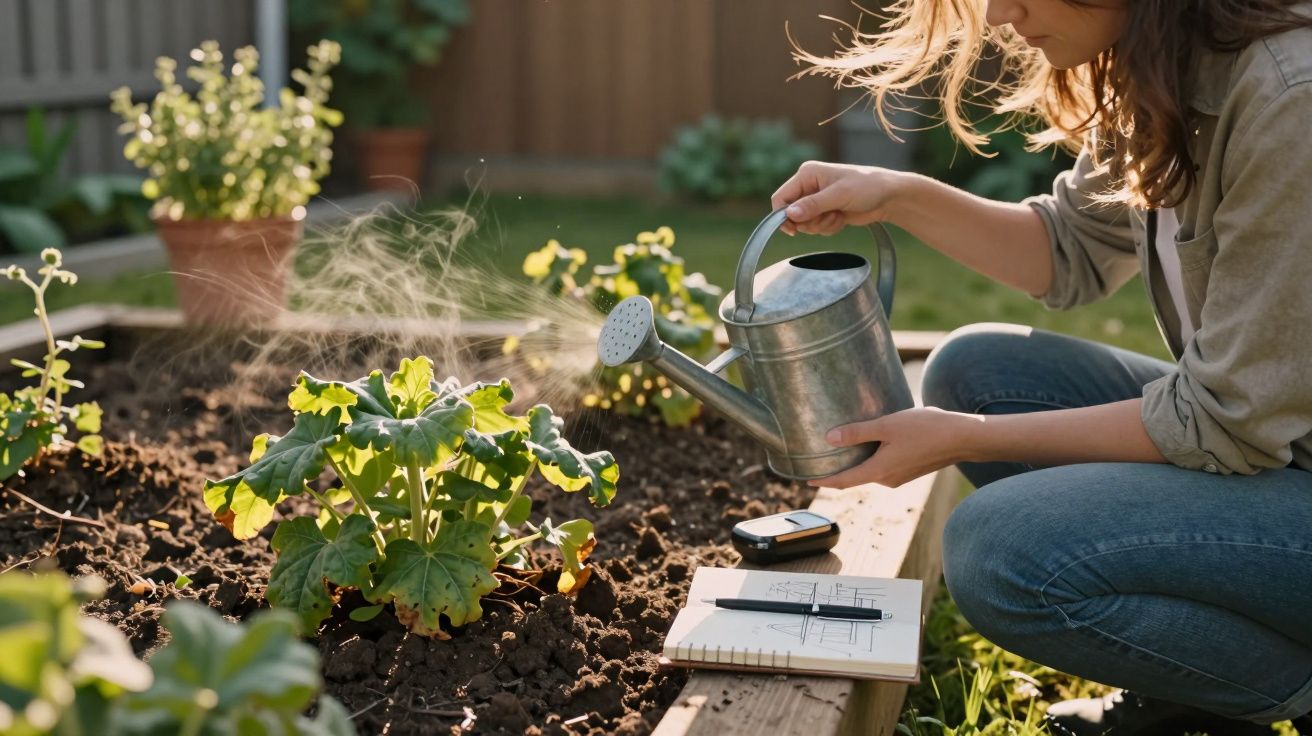 Pessoa a regar planta num canteiro de jardim com regador metálico, ao ar livre, com caderno e caneta ao lado.