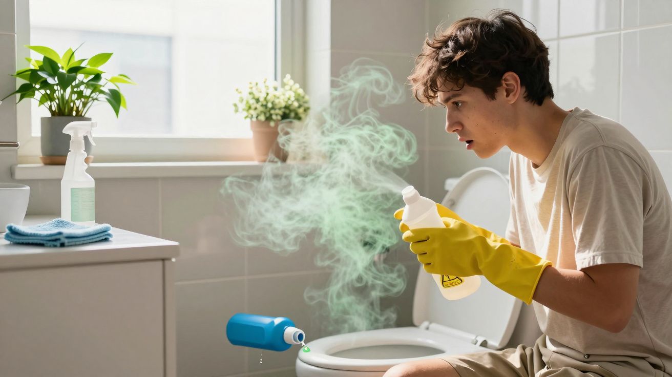 Jovem com luvas amarelas cheira produto de limpeza com gás verde a sair da sanita num quarto de banho.