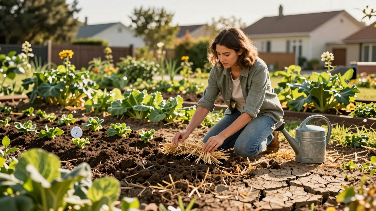 Mulher a cuidar de plantas num jardim, a colocar palha no solo, com regador ao lado.