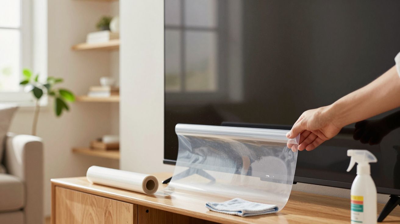 Pessoa a limpar e proteger ecrã de televisão com película plástica, pano de microfibra e spray de limpeza na cómoda.
