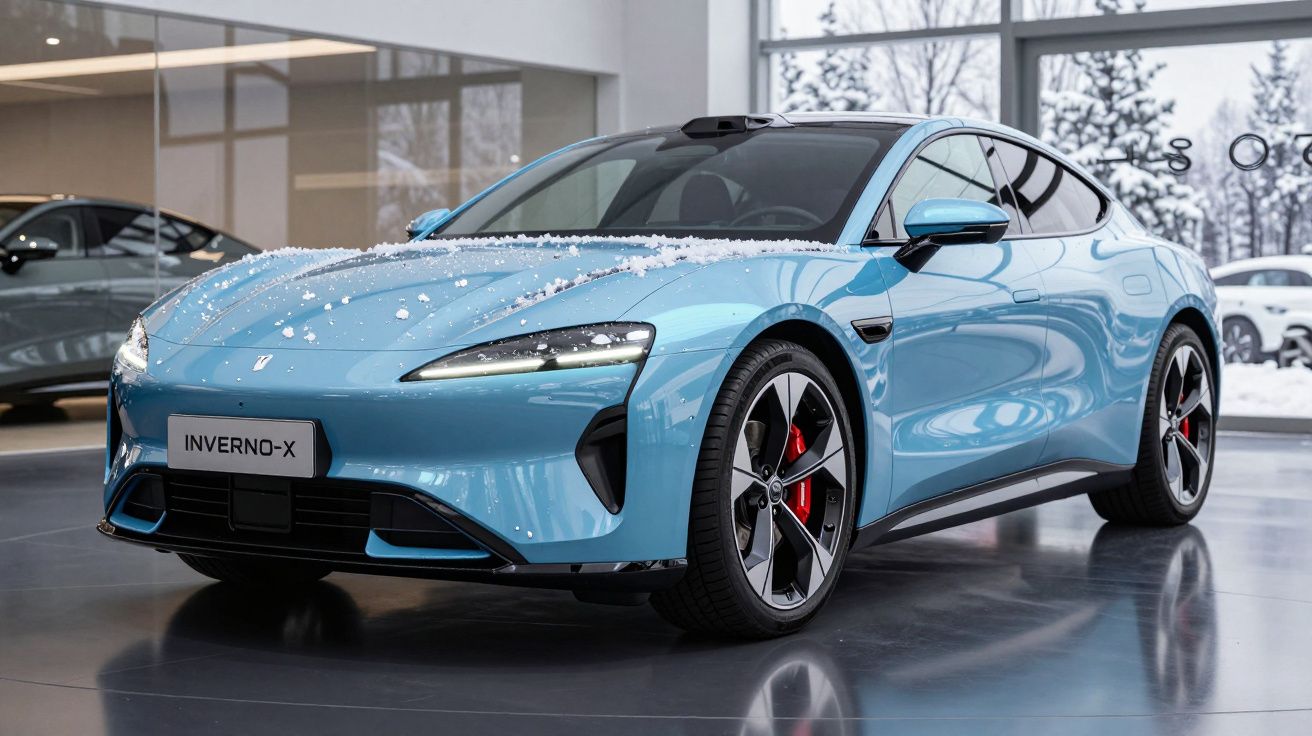 Carro elétrico azul Inverno-X com neve no capô, exposto numa sala com janelas grandes e neve lá fora.