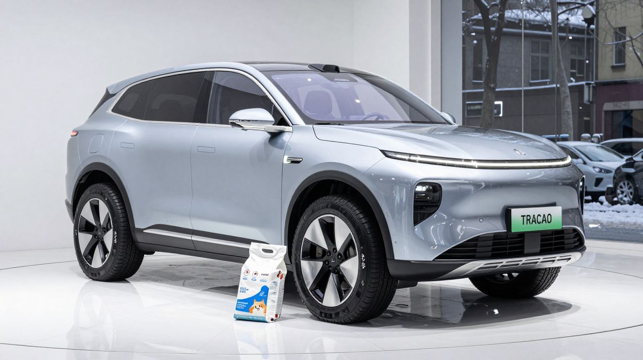 Carro SUV elétrico prata estacionado em ambiente interno com saco de ração para animais ao lado.