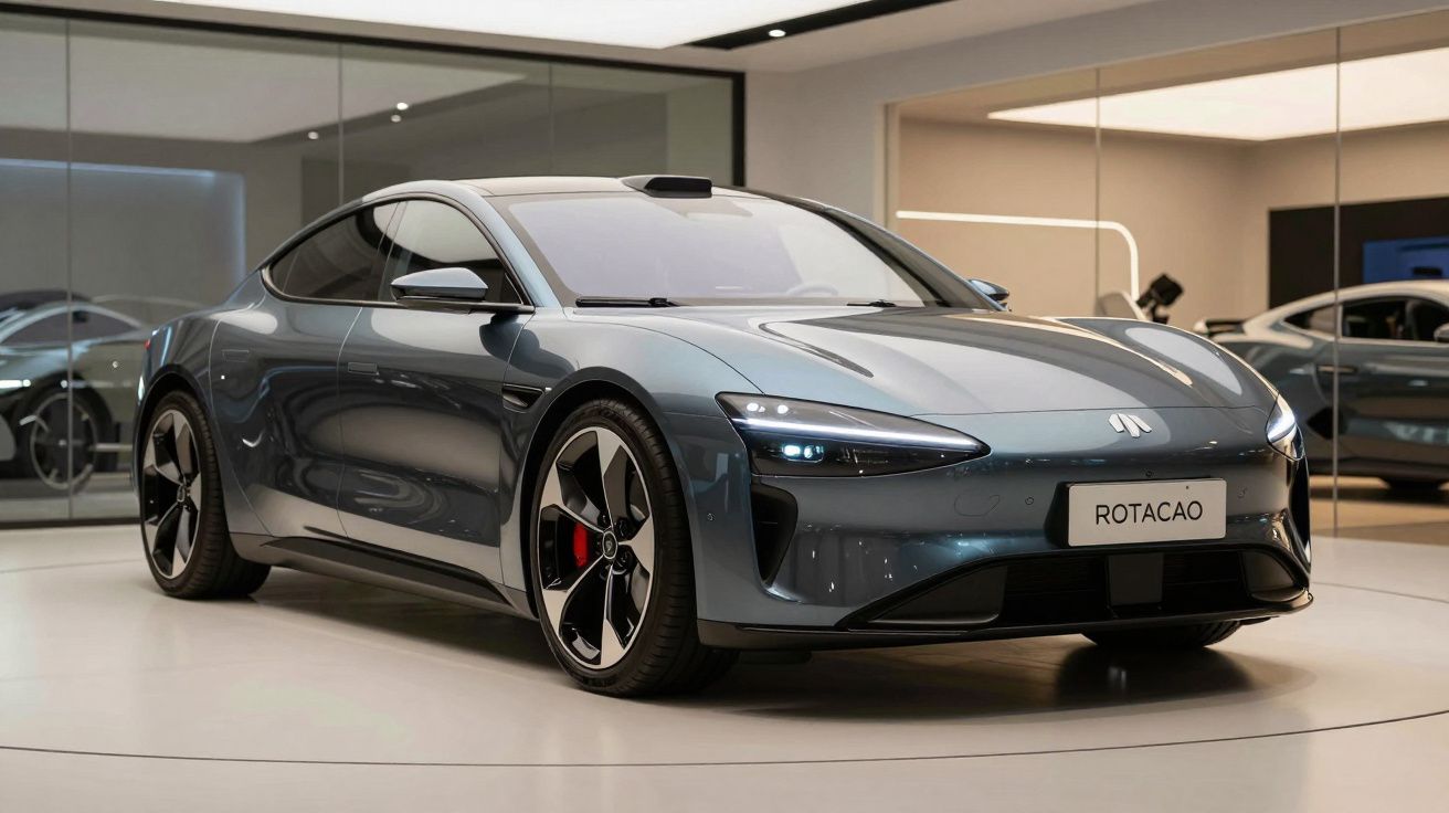 Carro elétrico desportivo cinza escuro em exposição, com design aerodinâmico e rodas grandes.