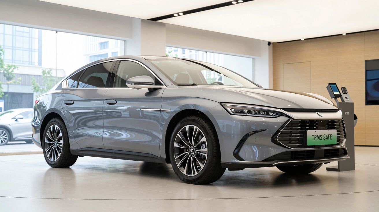 Carro cinza moderno exposto num salão de automóveis com janelas grandes e iluminação LED.