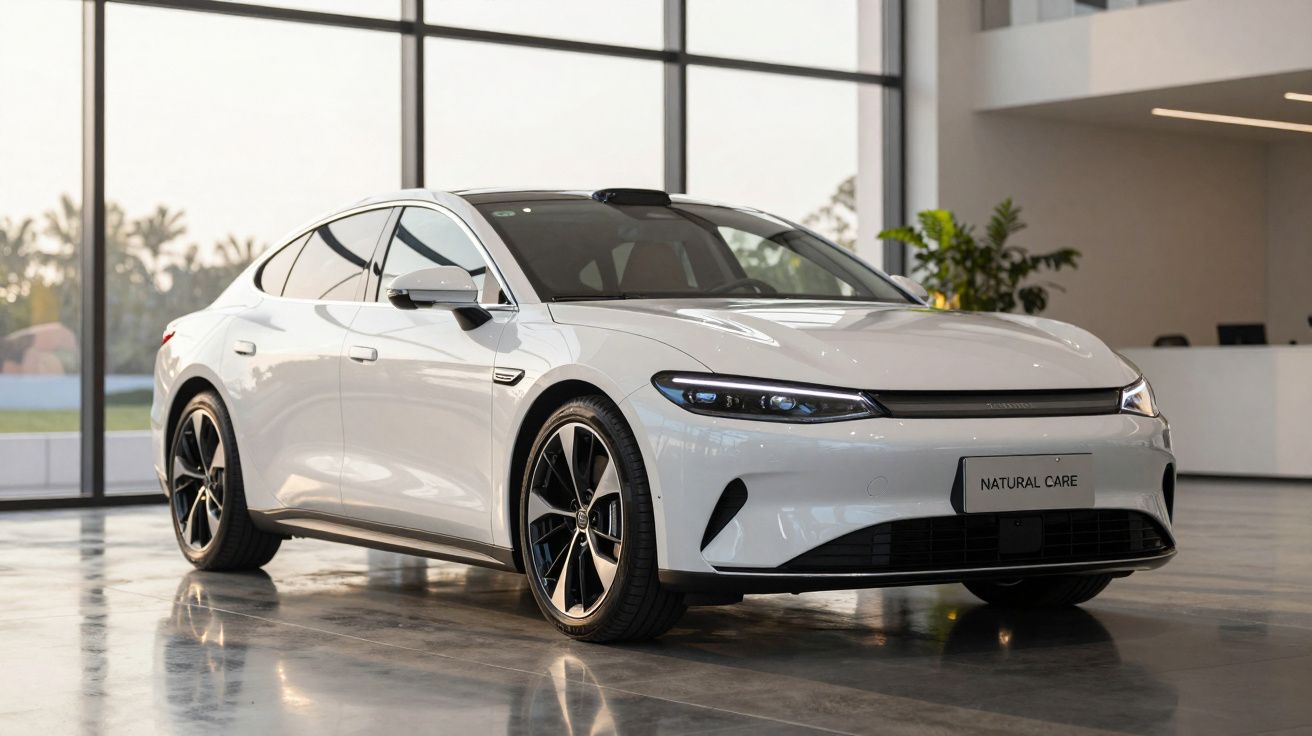 Carro elétrico branco estacionado em interior moderno com janelas grandes e chão refletor.