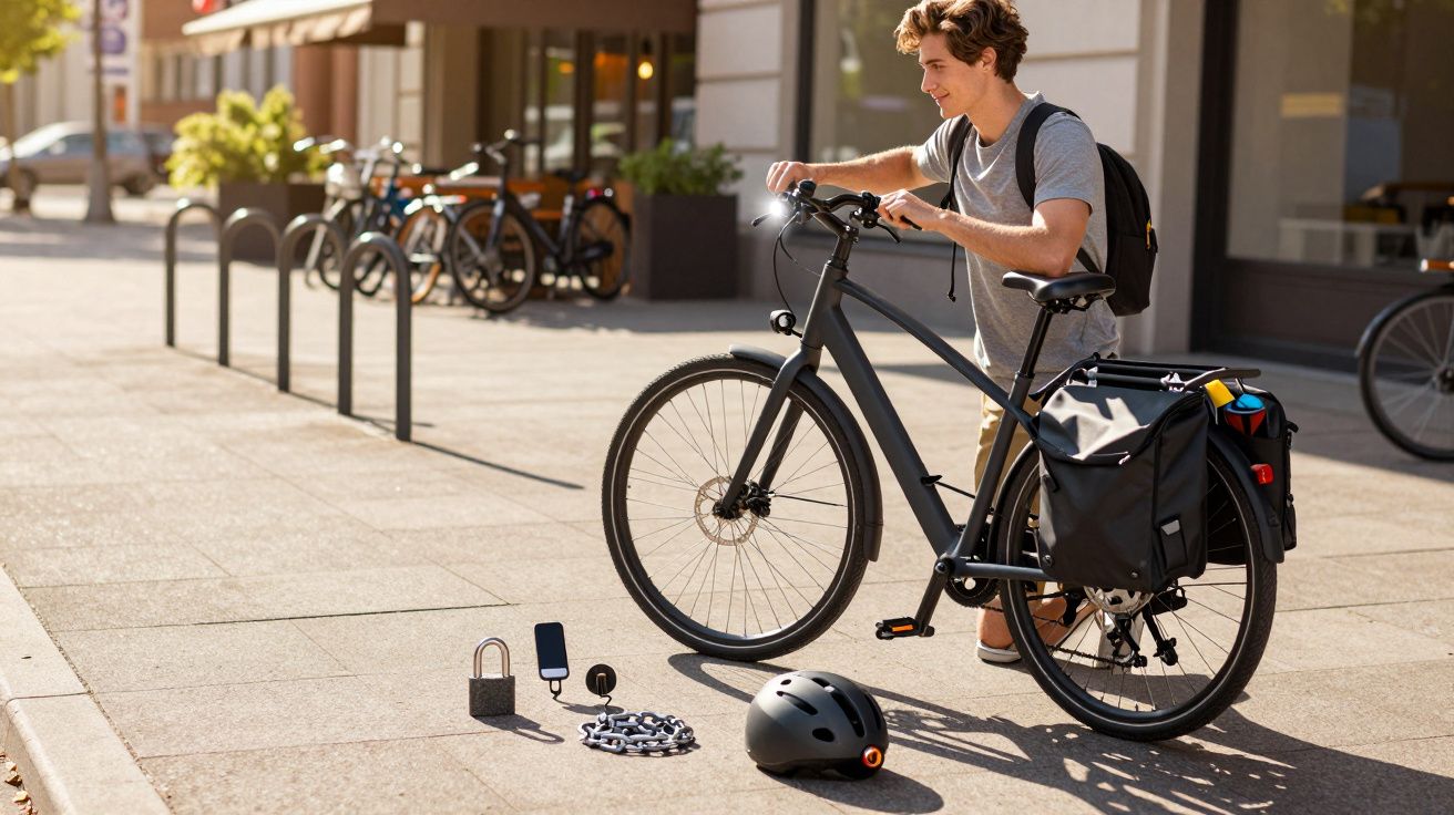 Jovem a trancar bicicleta elétrica com cadeado e acessórios numa rua soalheira da cidade.