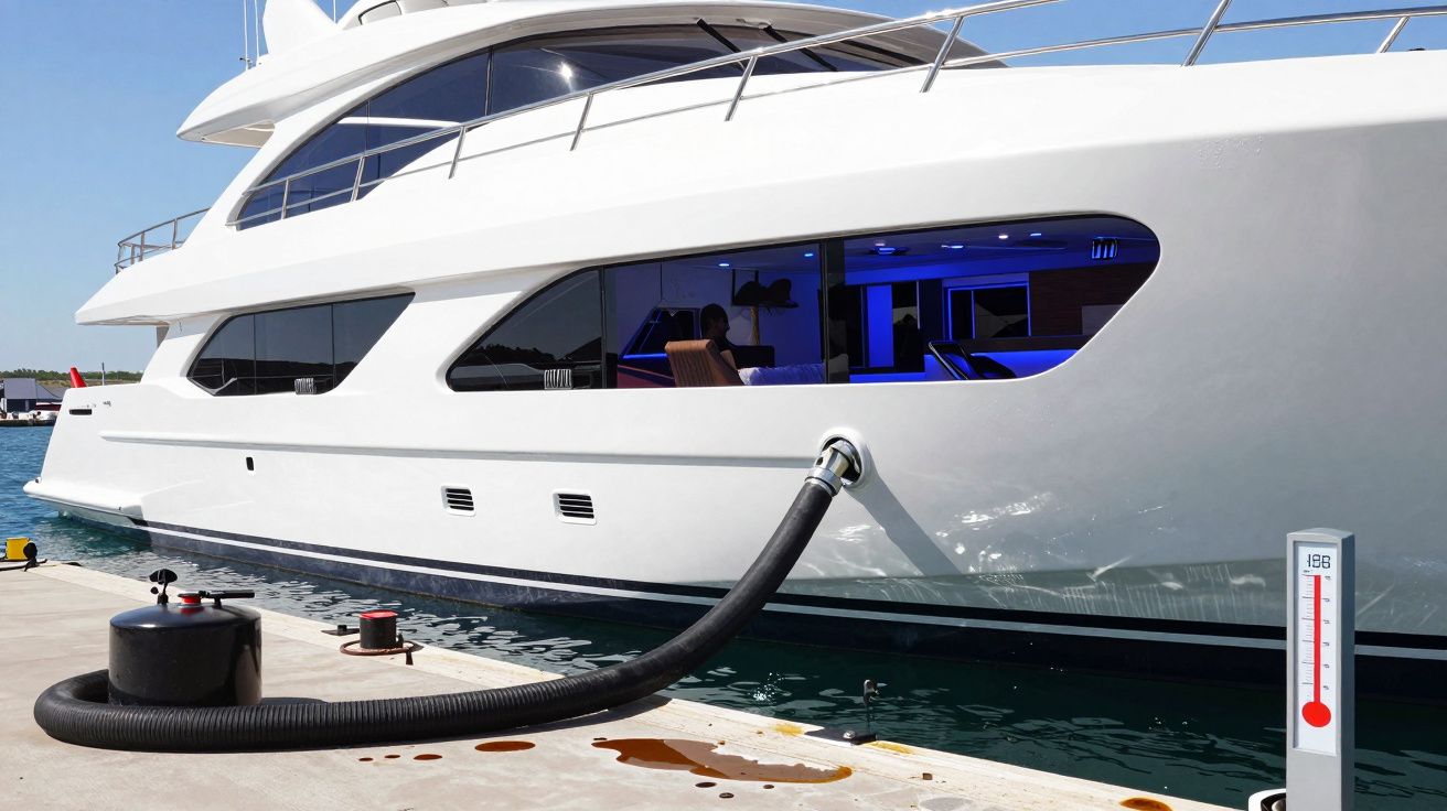 Iate branco atracado a um cais, com mangueira ligada para abastecimento e termómetro visível no lado direito.