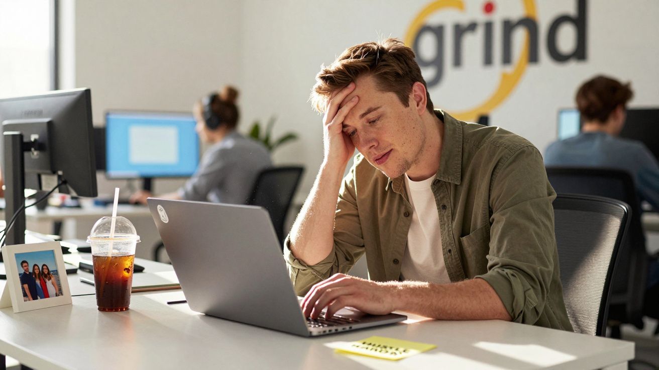 Homem jovem com expressão cansada trabalha no portátil numa mesa de escritório moderna e iluminada.