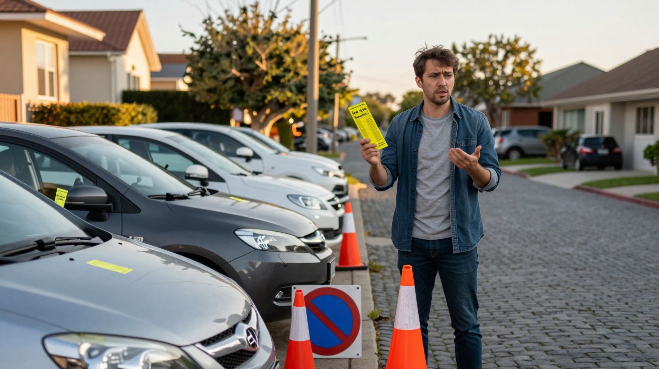 Homem insatisfeito com multa de estacionamento junto a vários carros estacionados em zona proibida.