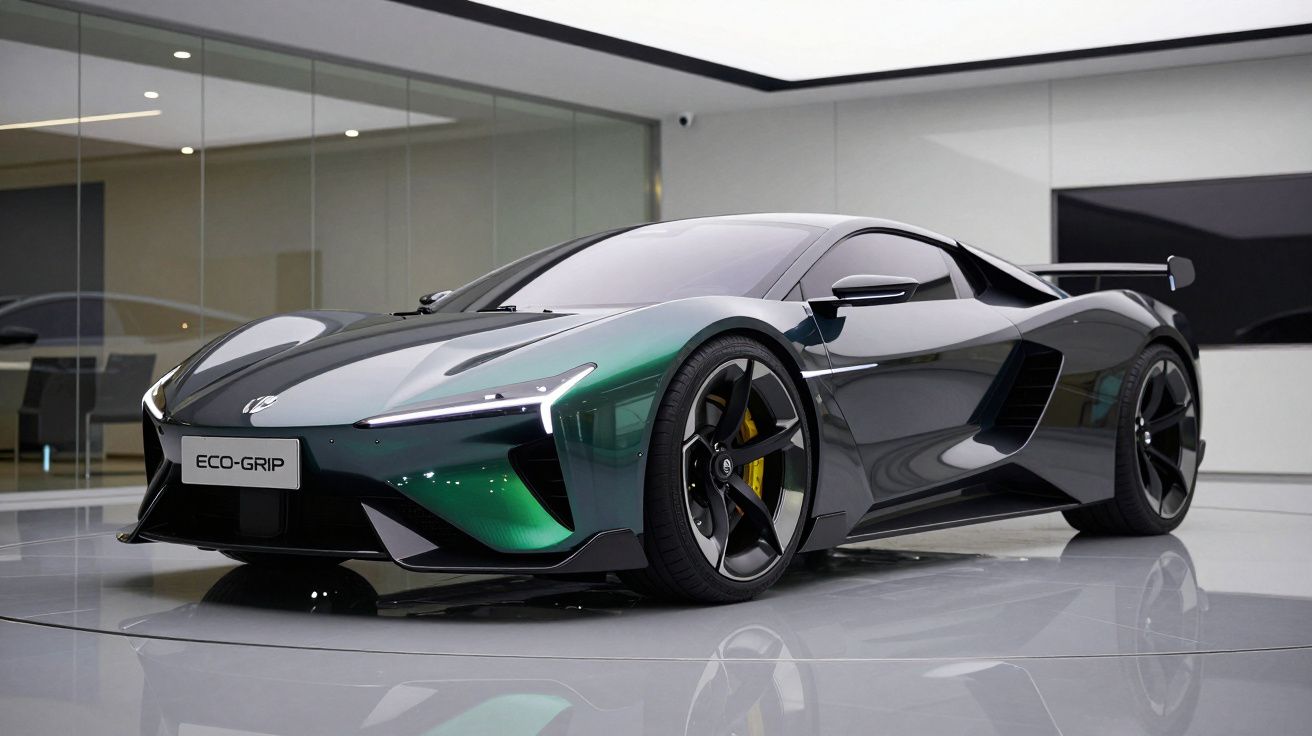 Carro desportivo elétrico preto e verde com design aerodinâmico exposto em salão moderno.