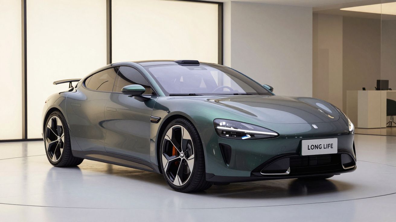 Carro desportivo elétrico verde metálico estacionado numa sala moderna com iluminação suave.