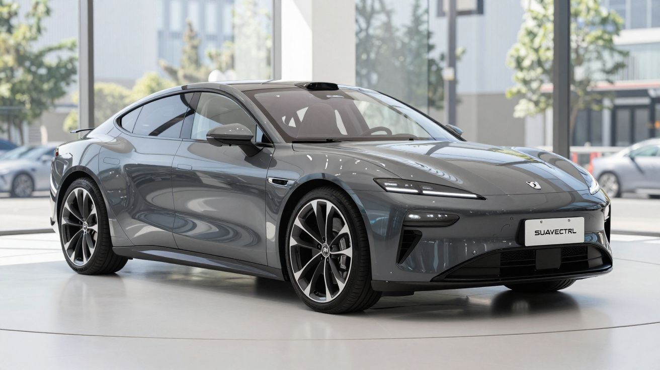 Carro eléctrico desportivo cinzento com design moderno exposto em showroom luminoso.