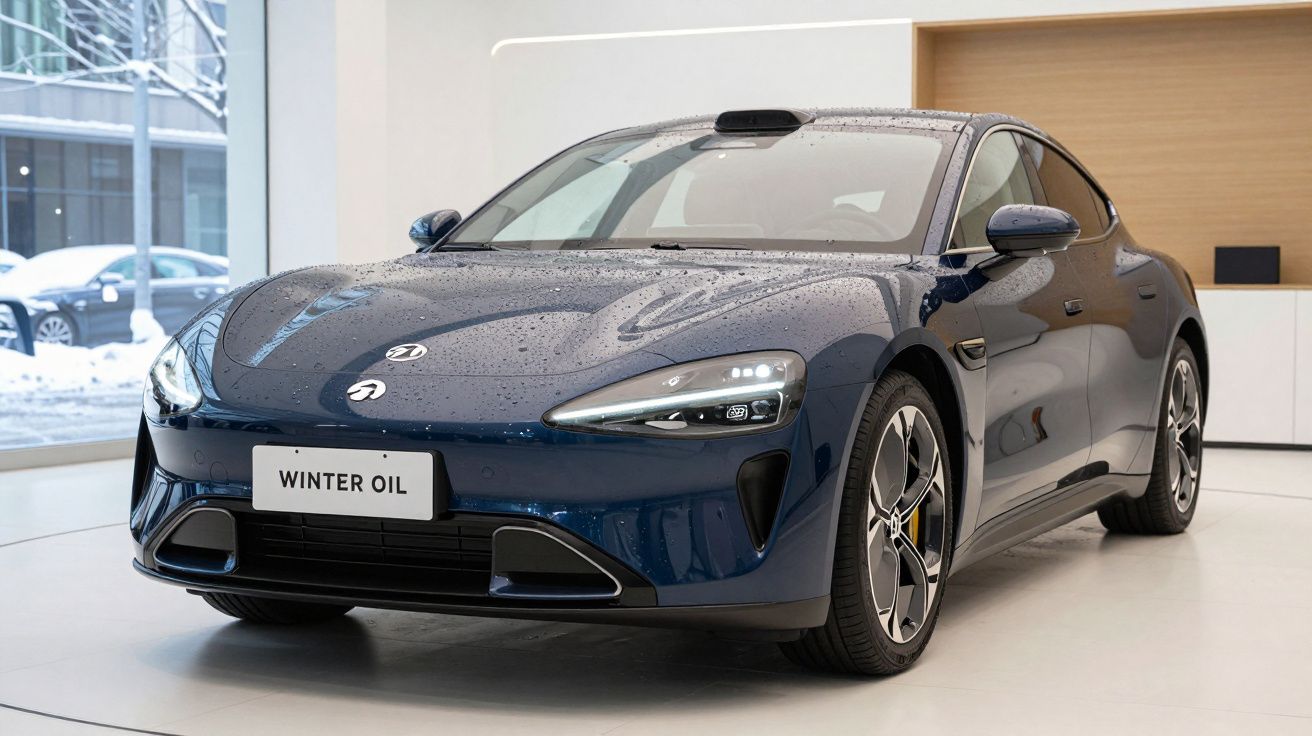 Carro elétrico azul escuro com gotas de água numa exposição interior moderna.