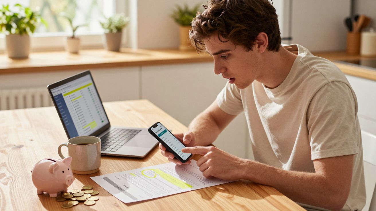 Jovem analisa finanças em smartphone, com tabela em papel, computador, cofrinho e moedas numa mesa de madeira.