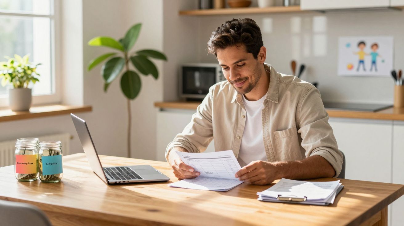 Homem sentado numa mesa em casa a analisar documentos com computador portátil aberto ao lado.