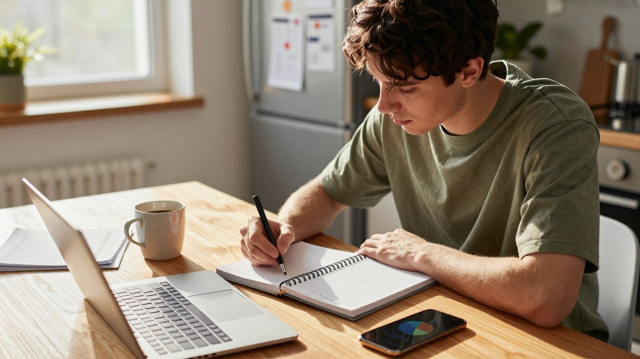 Jovem sentado à mesa em casa, a escrever num caderno, com portátil, telemóvel e chá à sua frente.