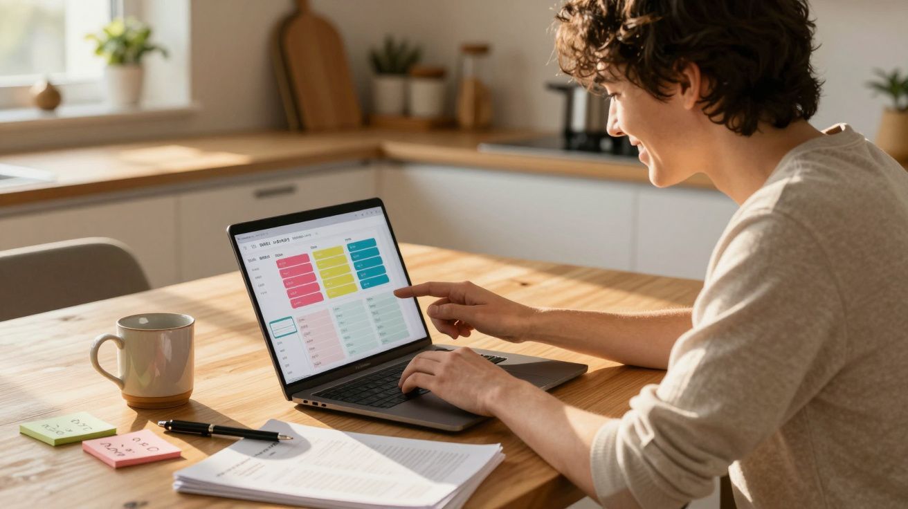 Pessoa a trabalhar numa tabela de horários colorida num portátil, sentada numa cozinha iluminada.