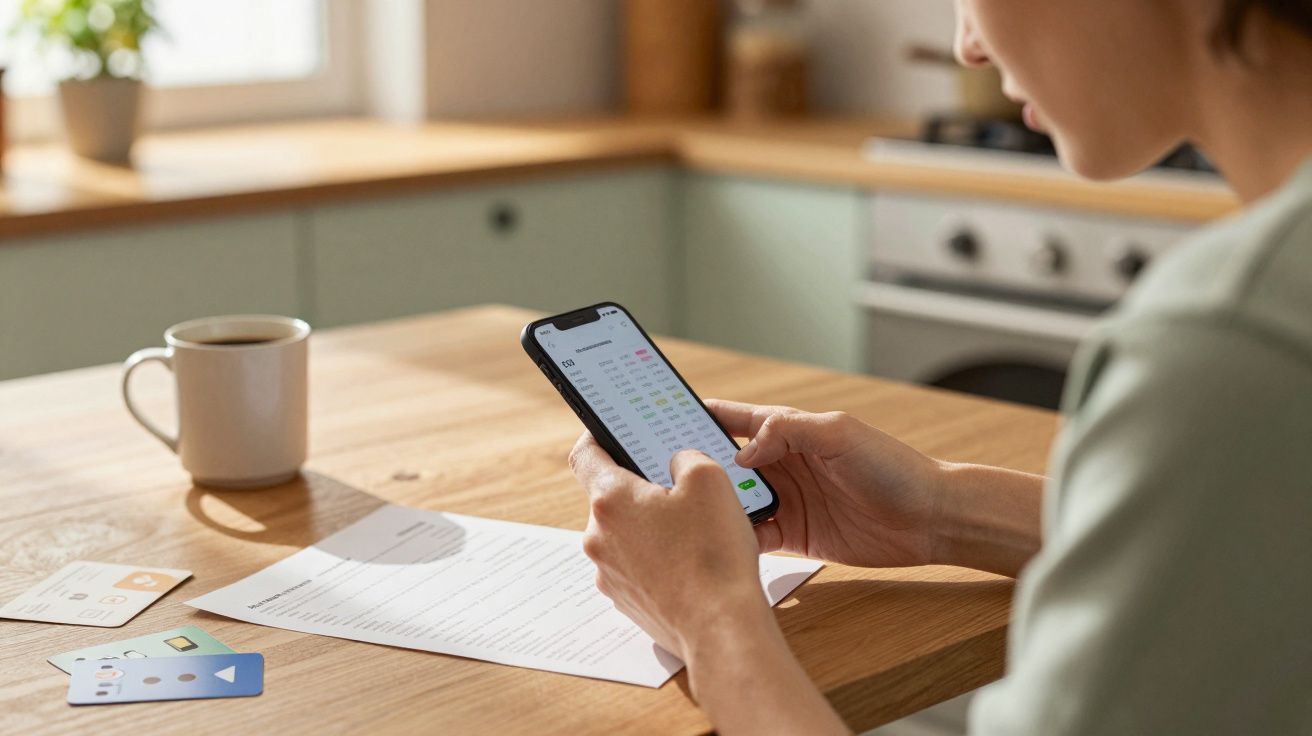 Pessoa a consultar dados financeiros num telemóvel, com documentos e cartões sobre uma mesa de madeira numa cozinha.