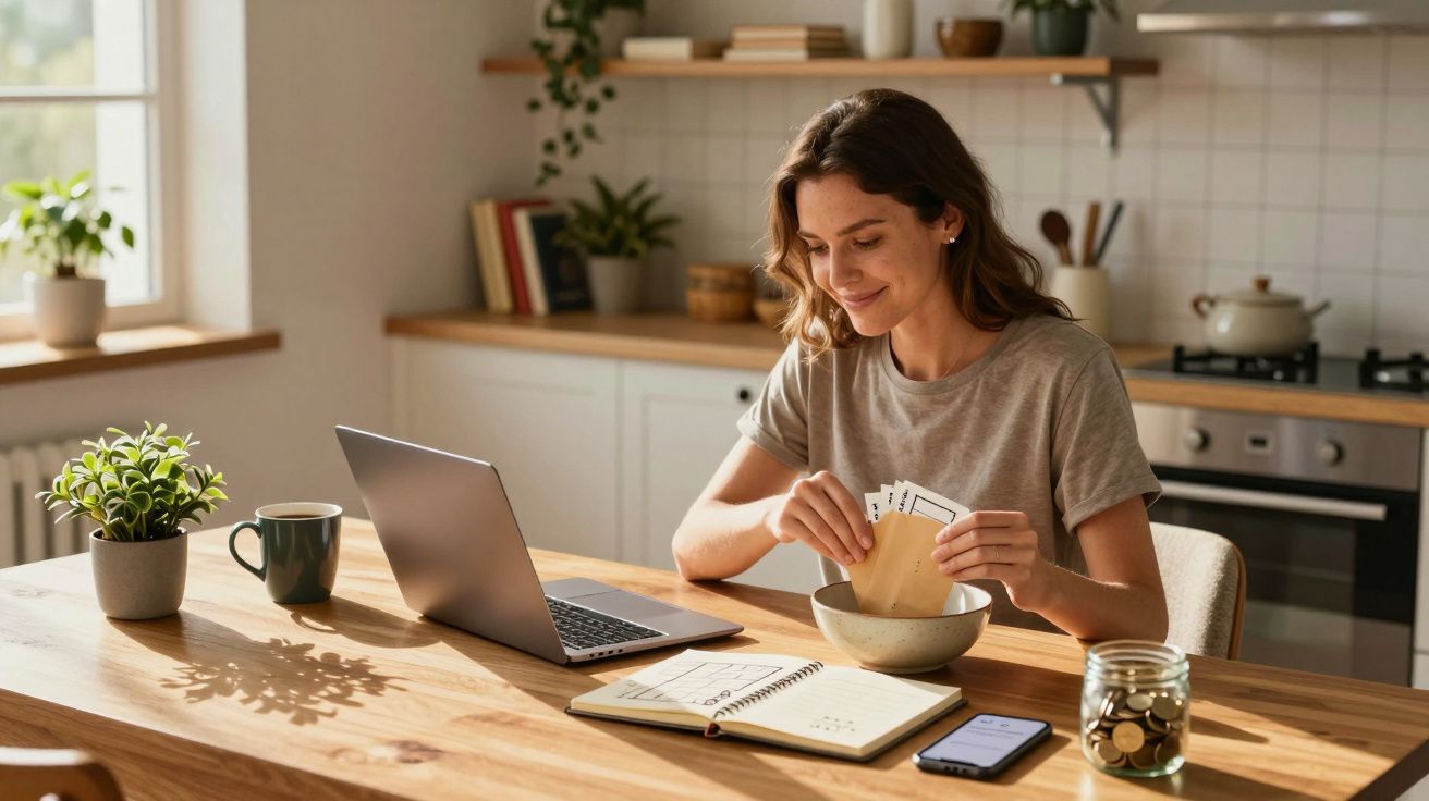 Mulher sentada à mesa da cozinha com portátil, caderno, telemóvel e jarro de moedas, sorridente a organizar envelopes.