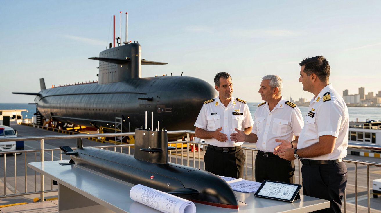 Três oficiais navais discutem perto de maqueta e submarino real num cais ao pôr do sol.