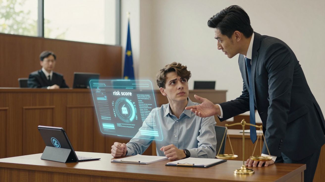 Jovem sentado no tribunal a olhar para advogado que fala, com juiz ao fundo e holograma de dados visível.