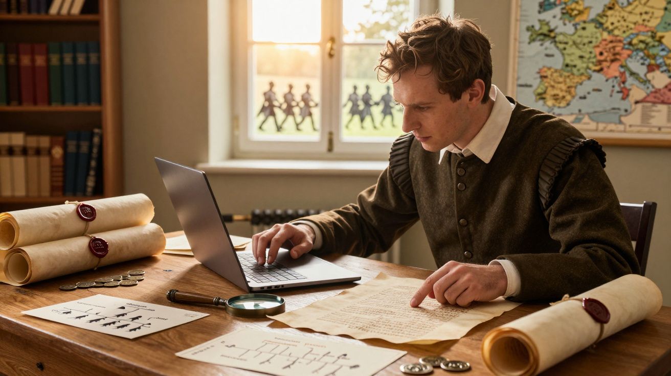 Homem a estudar documentos antigos com computador portátil numa sala com mapa e livros.