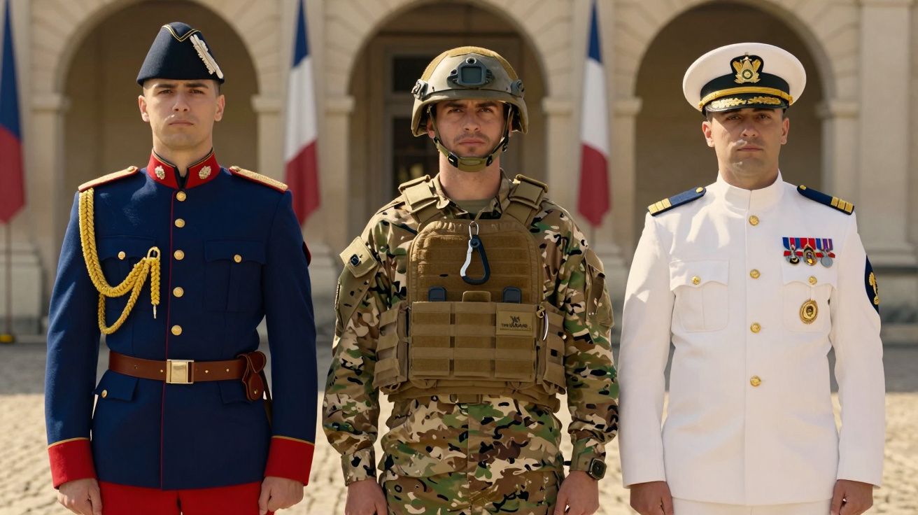Três militares alinhados com uniformes distintos, em frente a um edifício com três bandeiras.
