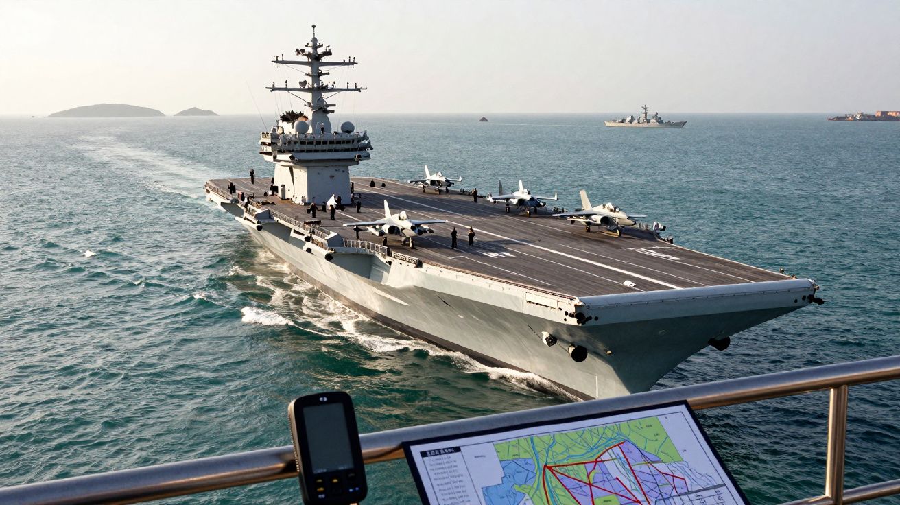 Porta-aviões naval com jatos alinhados no convés navegando em mar calmo, vista de outro navio.