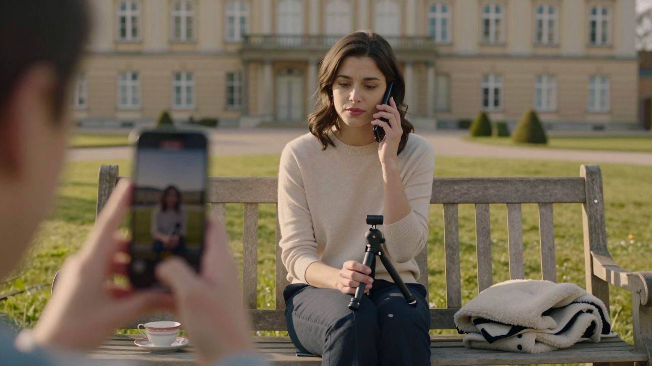 Mulher sentada num banco de jardim ao telefone, enquanto alguém fotografa com smartphone.