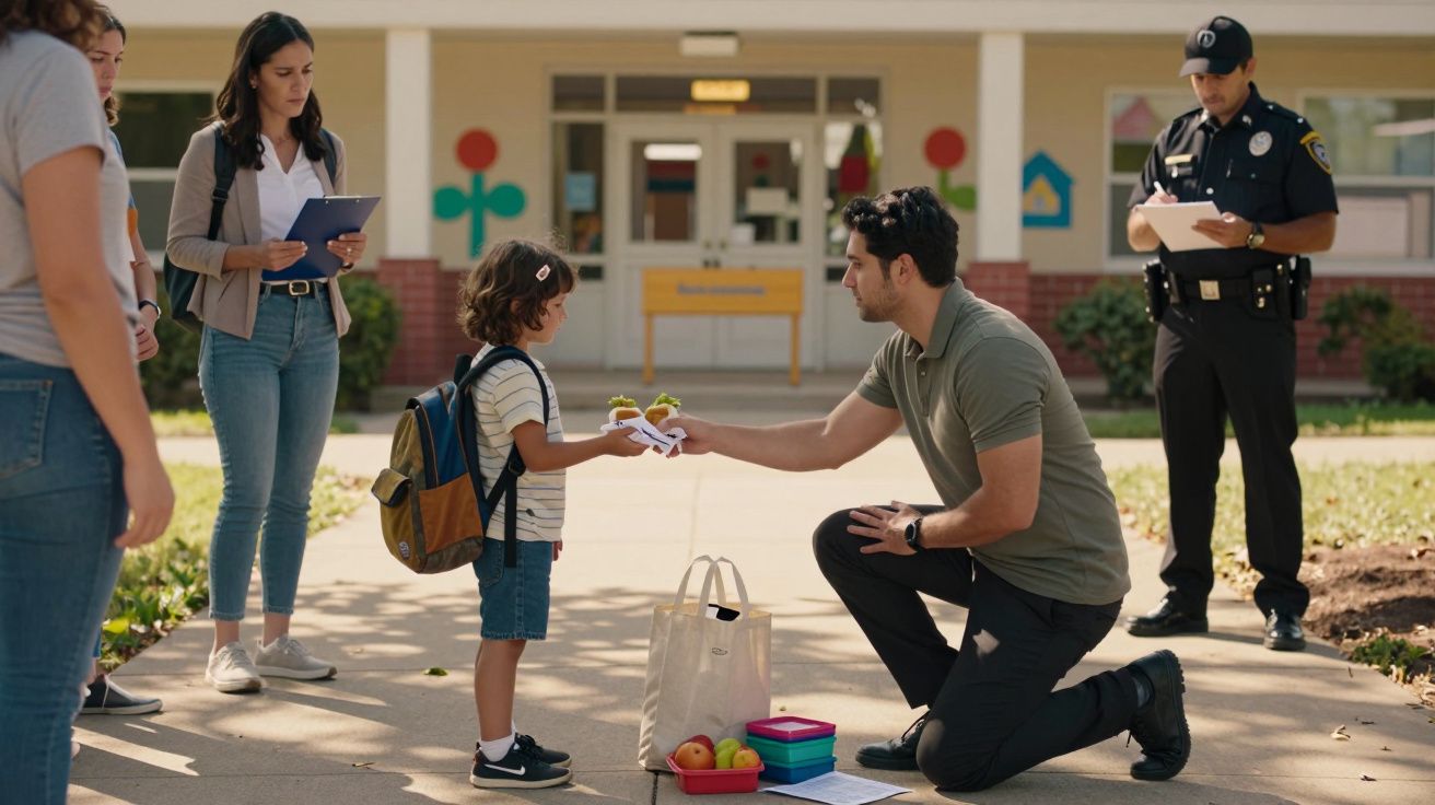 Homem ajoelhado entrega comida a menina com mochila à porta de escola, com polícia e adultos a observar.