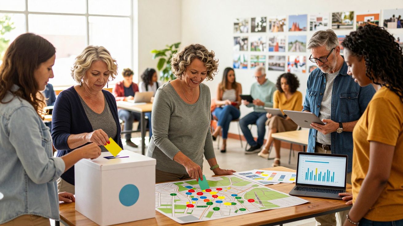 Grupo diversificado a votar e analisar mapa com marcadores coloridos numa sala iluminada e com laptop.