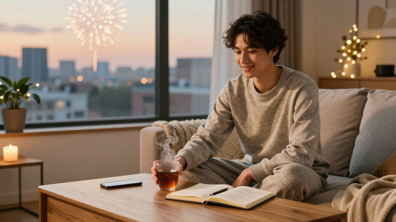 Jovem sentado no sofá segurando chá quente, lendo e sorrindo, com fogo de artifício à janela ao anoitecer.