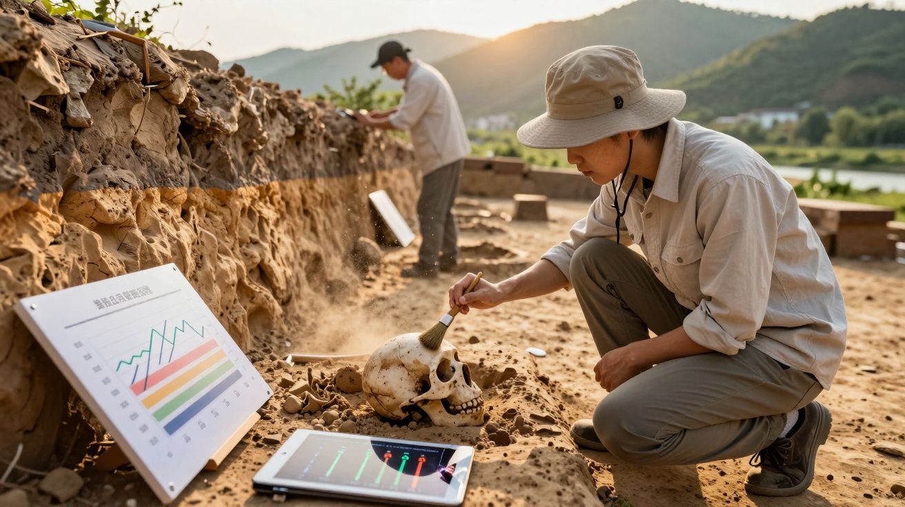 Arqueólogo limpa um crânio humano durante escavação ao ar livre com gráficos em dispositivos ao redor.