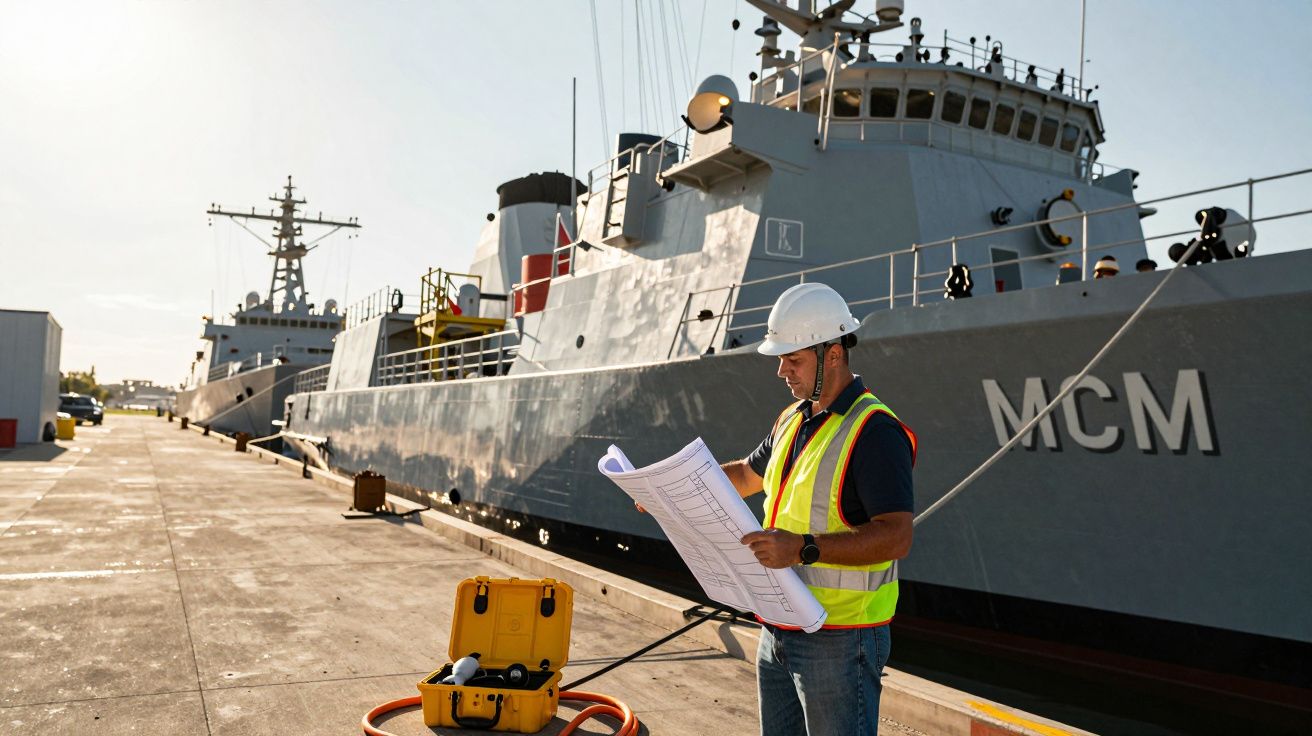Homem com capacete e colete reflectivo consulta plantas junto a navio de guerra atracado no cais.