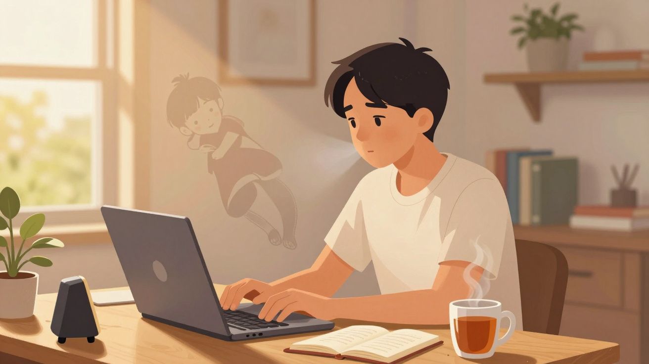 Jovem a trabalhar num portátil com chá, rodeado por ambiente acolhedor e figura etérea de menina ao fundo.