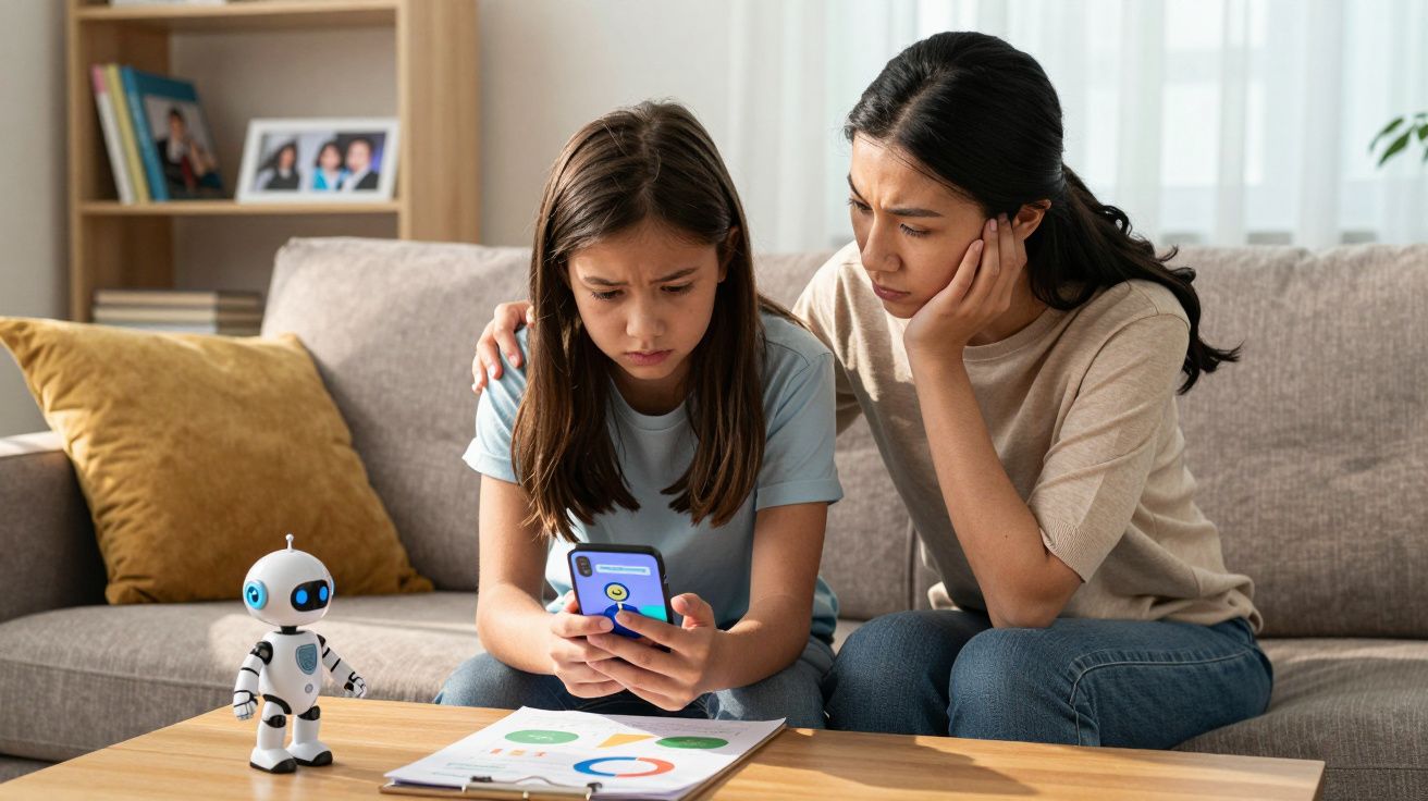 Mulher consola menina preocupada com telemóvel numa sala com sofá, mesa e robô pequeno.