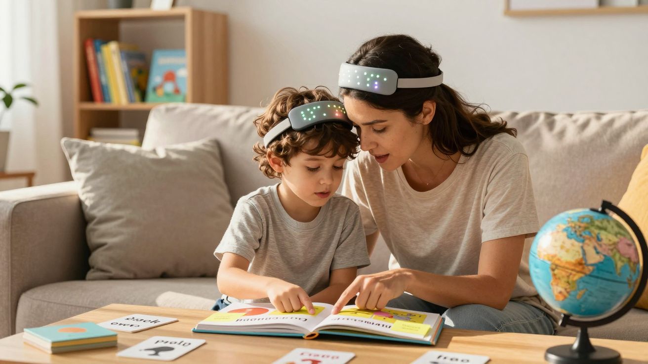 Mulher e criança com headbands luminosos a aprender e ler livro infantil numa sala com globo terrestre.