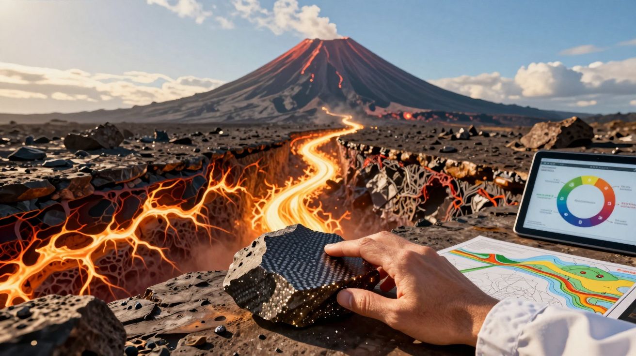 Mão segura rocha vulcânica perto de lava ativa com vulcão em erupção e monitoramento em tablet ao fundo.