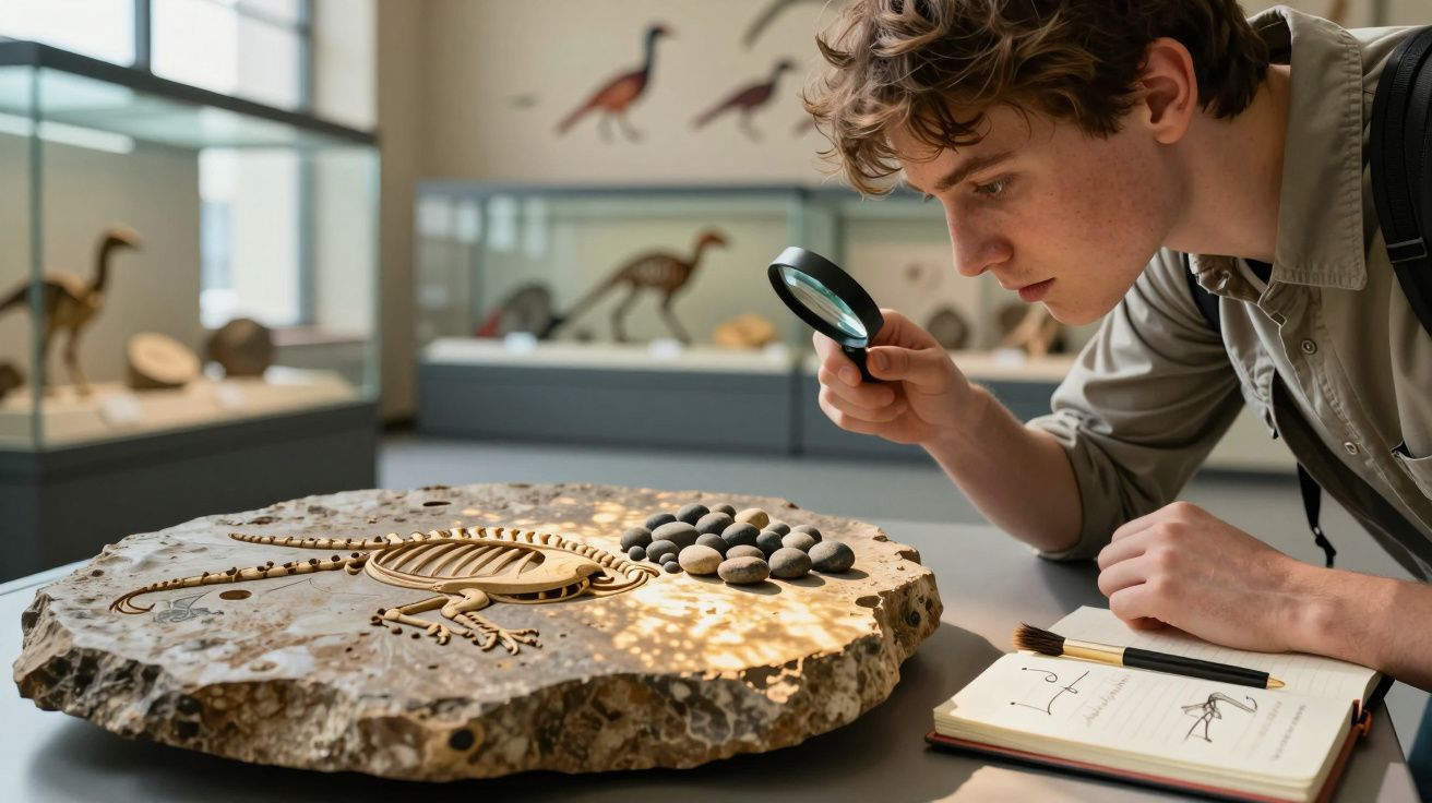 Jovem observa fósseis numa pedra com uma lupa num museu, com caderno de desenhos ao lado.