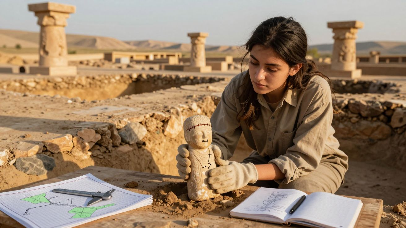 Jovem arqueóloga examina estatueta antiga num sítio arqueológico com desenhos e caderno ao lado.