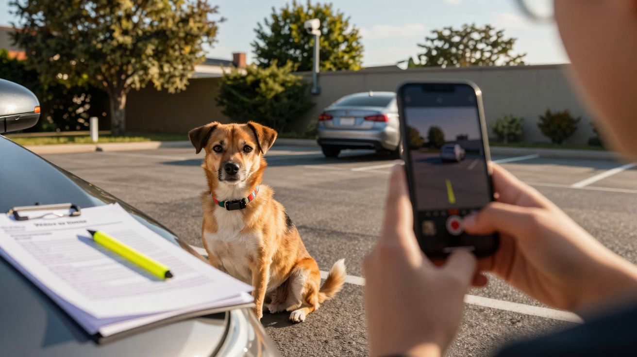 Cão castanho sentado num parque de estacionamento enquanto é fotografado por uma pessoa com um telemóvel.