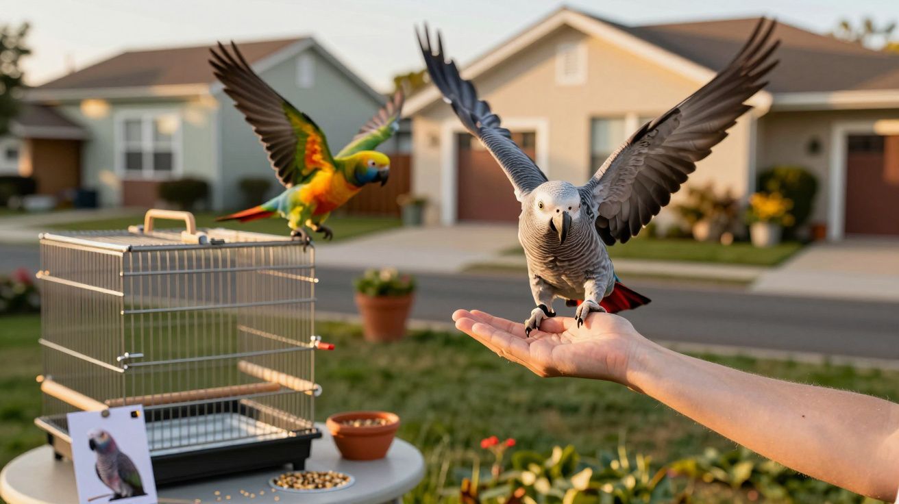 Dois papagaios a voar, um pousa na mão de uma pessoa e outro perto de uma gaiola num jardim residencial.