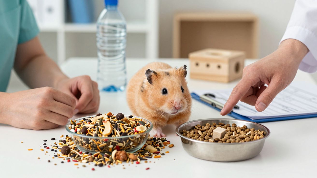 Hamster castanho numa mesa com dois recipientes de comida, rodeado por duas pessoas.