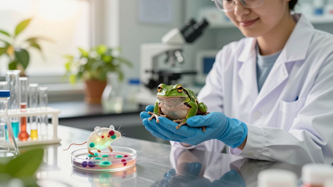 Cientista com bata branca e luvas azuis segura rã verde num laboratório com rato e tubos de ensaio.