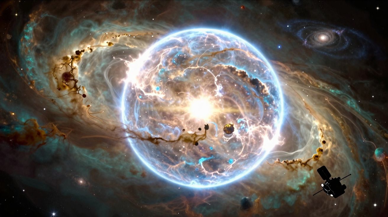 Planeta elétrico brilhante rodeado por nuvens cósmicas e uma sonda espacial a observá-lo no espaço sideral.