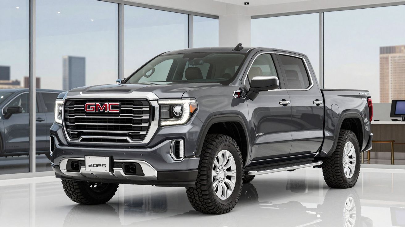 Picape GMC cinzenta 2026 em exposição num salão moderno com grandes janelas.